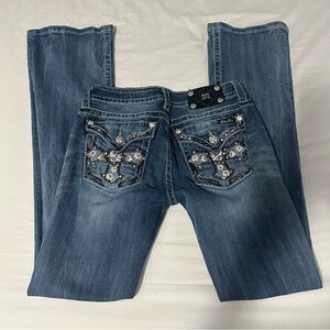 Miss Me Denim Boot Cut Jeans with Rhinestone Cross Embellishments